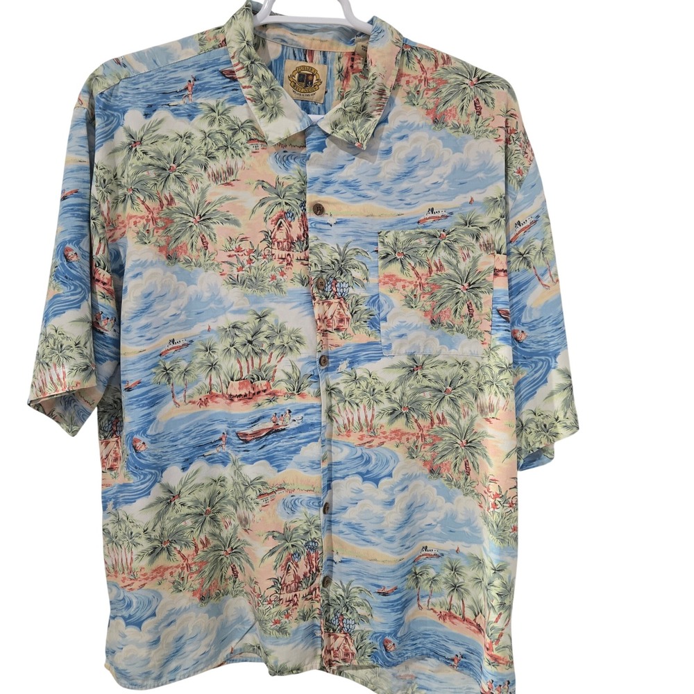 Pusser's West Indies Button Down Men XL Blue Tropical Island Print Excellent‎